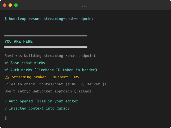 Terminal showing huddleup resume command