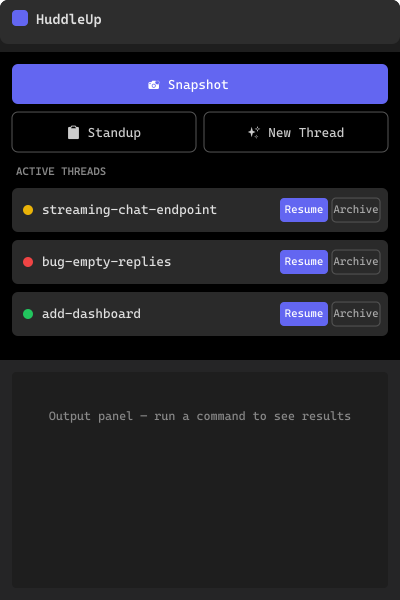VS Code sidebar showing HuddleUp extension panel